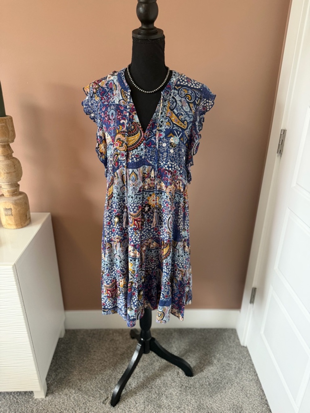 Blue Paisley V-Neck Women's Dress